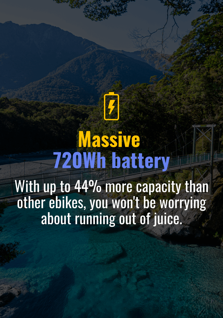 Massive 720Wh battery. With up to 44% more capacity than other ebikes, you won't be worrying about running out of juice.
